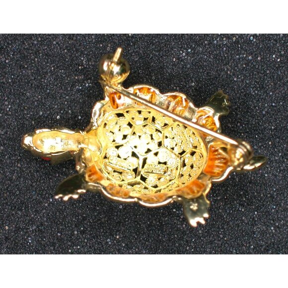 Alice Caviness Turtle Pin / Brooch Sterling Silver Green/Orange Enamel 1940s/50s - Picture 2 of 2